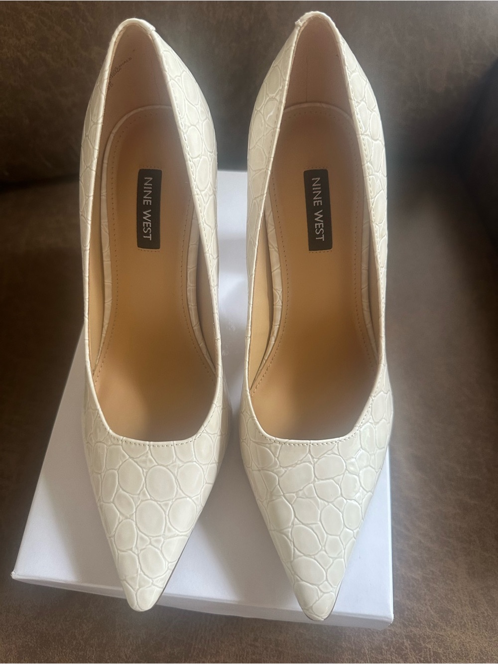Nine West Cream Croc-Embossed Pointed Toe Pumps